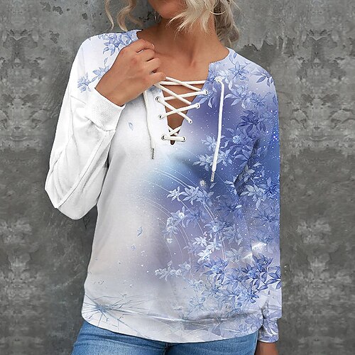 

Women's Sweatshirt Pullover Green Blue Pink Gray V Neck Floral Lace up Print Daily Sports 3D Print Active Streetwear Clothing Apparel Hoodies Sweatshirts