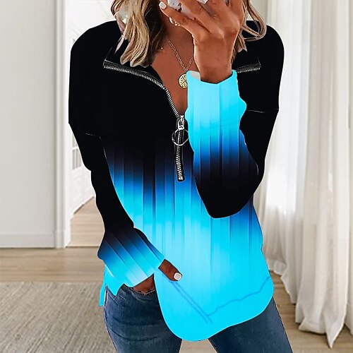 

Women's Sweatshirt Pullover Basic Zipper Green Blue Red Plaid Color Block Street V Neck Long Sleeve S M L XL 2XL 3XL / Winter