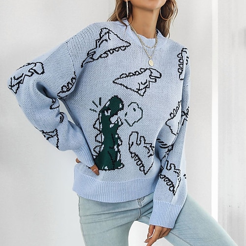 

Women's Pullover Sweater jumper Jumper Ribbed Knit Knitted Animal Crew Neck Stylish Casual Outdoor Daily Winter Fall Army Green Light Blue S M L / Long Sleeve