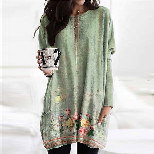 

Women's Casual Dress T Shirt Dress Tee Dress Green Light Green Khaki Long Sleeve Floral Pocket Print Winter Fall Crew Neck Vacation Casual Fall Dress Loose Fit 2022 S M L XL XXL 3XL / Winter Dress