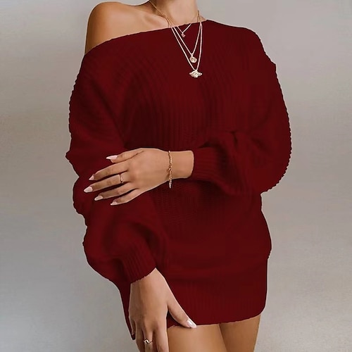 

Women's Pullover Sweater jumper Jumper Waffle Knit Hollow Out Solid Color Off Shoulder Casual Daily Weekend Winter Fall Wine Dusty Rose One-Size / Long Sleeve / Loose Fit