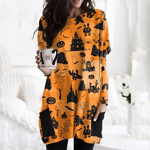 

Women's Sweatshirt Dress Winter Dress Black Yellow Fuchsia Orange White Long Sleeve Cat Pocket Print Winter Fall Crew Neck Stylish Casual Fall Dress Loose Fit 2022 S M L XL 2XL / Halloween
