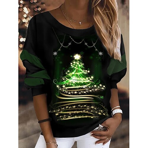 

Women's T shirt Tee Green Christmas Tree Print Long Sleeve Christmas Weekend Basic Round Neck Regular Painting S