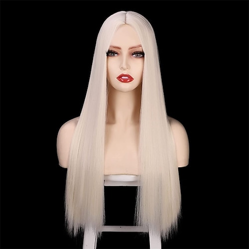 

White Wigs for Women Straight Wig Middle Part Long Hair Wig Synthetic Colored Wig Cosplay Christmas Costume Party Use 26 Inch