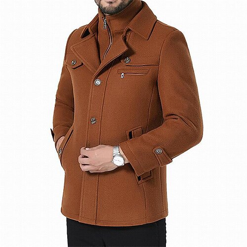 

Men's Winter Coat Wool Coat Overcoat Daily Wear Going out Fall & Winter Polyester Thermal Warm Washable Outerwear Clothing Apparel Fashion Warm Ups Solid Colored Multi Pocket Turndown Single Breasted
