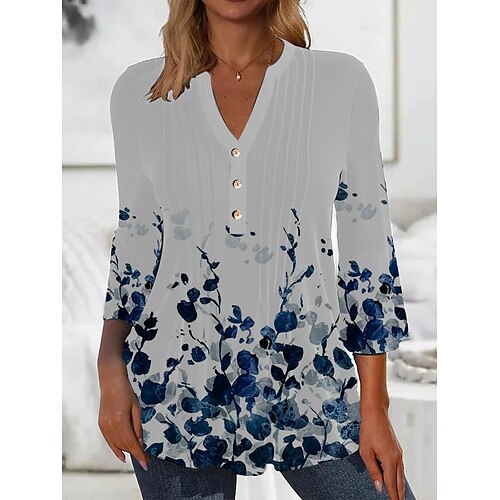 

Women's Shirt Button Print Floral Butterfly Streetwear Casual V Neck Blue White Black / Long Sleeve