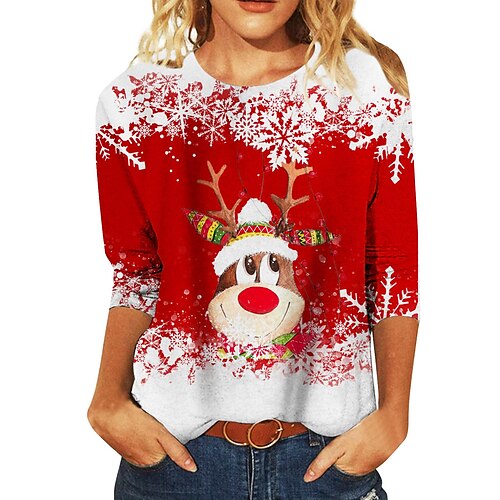 

Women's T shirt Tee Green Black Blue Snowflake Reindeer Print Long Sleeve Christmas Weekend Basic Christmas Round Neck Regular Painting S