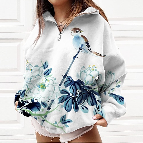 

Women's Sweatshirt Pullover Basic Zipper Blue Purple Pink Floral Butterfly Casual V Neck Long Sleeve S M L XL 2XL