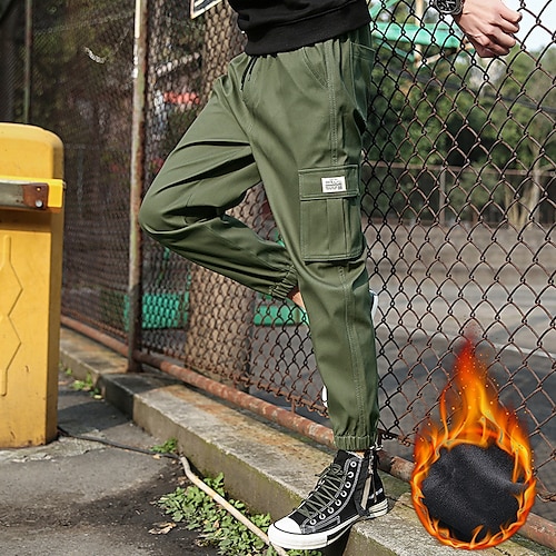 

Men's Cargo Pants Fleece Pants Joggers Trousers Jogging Pants Drawstring Elastic Waist Multi Pocket Streetwear Hip Hop Green Black