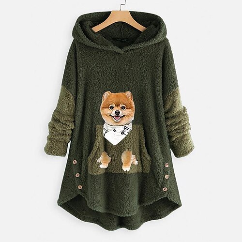 

Women's Fleece Hoodie Green Pink Grey Hooded Dog Front Pocket Print Casual Streetwear 3D Print Fleece Active Fuzzy Clothing Apparel Hoodies Sweatshirts / Fleece lined