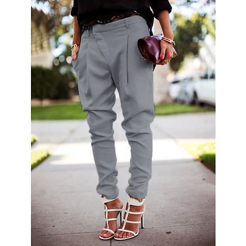 

Women's Joggers Pants Trousers Harem Pants Blue Gray White Mid Waist Basic Simple Office / Career Work Pocket Drop Crotch Full Length Solid Colored S M L XL XXL