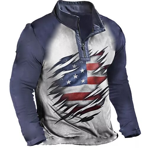 

Men's Zip Up Sweatshirt Pullover Quarter Zipper Sweatshirt Blue Half Zip Color Block Graphic Prints National Flag Zipper Print Daily Sports 3D Print Designer Casual Big and Tall Spring & Fall