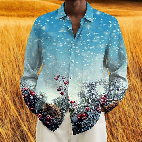 

Men's Shirt Graphic Prints Turndown Blue 3D Print Christmas Street Long Sleeve Button-Down Print Clothing Apparel Fashion Designer Casual Breathable