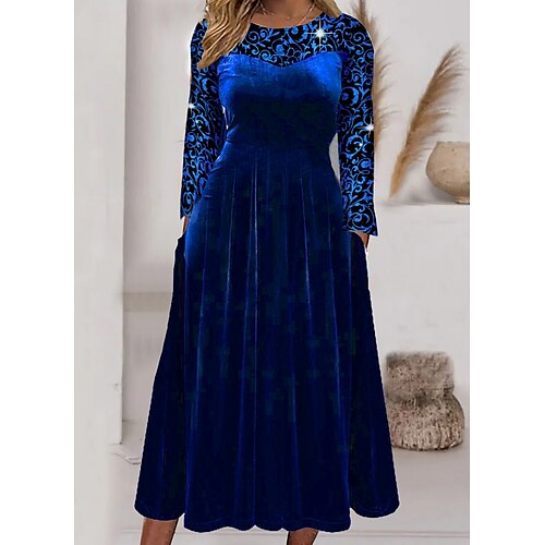 

Women's Velvet Dress Swing Dress Midi Dress Midi Dress Blue Long Sleeve Pure Color Velvet Winter Fall Spring Crew Neck Stylish Winter Dress Daily Weekend 2023 S M L XL 2XL 3XL