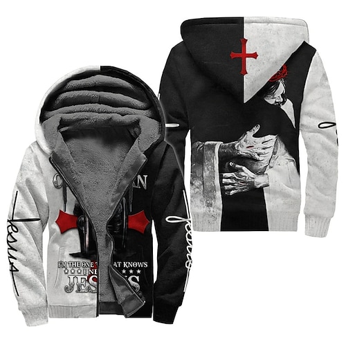 

Herren Fleecejacke Kapuzenshirt mit durchgehendem Reißverschluss Fleece-Hoodie Sherpa-Jacke Dicke Hoodies Schwarz und Weiß Mit Kapuze Tempelritter Grafik-Drucke Zip Bedruckt Sport Natur Täglich