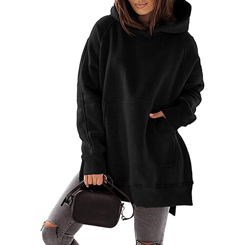 

Women's Hoodie Sweatshirt Pullover Basic Front Pocket claret Creamy-white Black Solid Color Street Hoodie Long Sleeve S M L XL 2XL 3XL