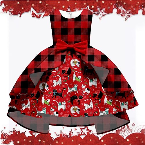 

Kids Girls' Christmas Party Dress Animal Cat A Line Dress Christmas Gifts Ruffle Crewneck Red Gray Knee-length Sleeveless Adorable Elegant Dresses Christmas Winter Fall Regular Fit 2-13 Years