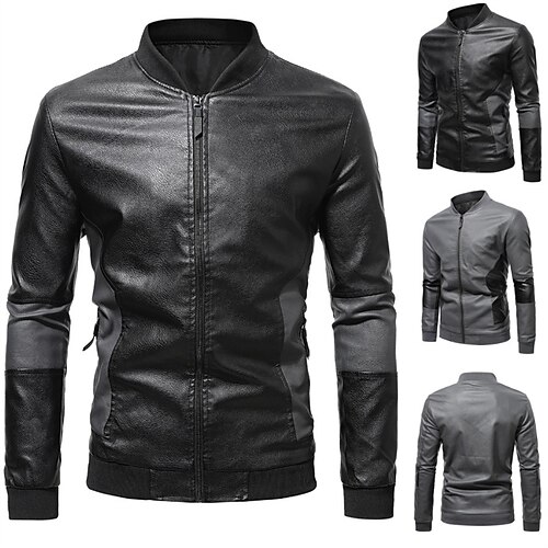 

Men's Faux Leather Jacket Durable Casual / Daily Daily Wear Vacation To-Go Zipper Standing Collar Comfort Leisure Jacket Outerwear Patchwork Pocket Gray Black / Spring / Fall / Long Sleeve