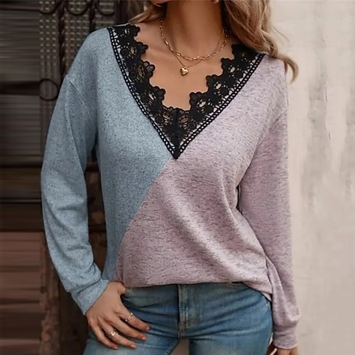 

Women's Pullover Sweater jumper Jumper Ribbed Knit Knitted Lace Trims Color Block V Neck Stylish Elegant Outdoor Daily Winter Fall Pink S M L / Long Sleeve / Holiday / Casual / Regular Fit