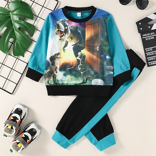 

2 Pieces Toddler Boys Sweatshirt & Pants Outfit Dinosaur Long Sleeve Set Outdoor Active Adorable Winter 3-7 Years Blue