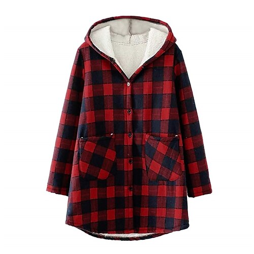 

Women's Coat Breathable Christmas Street Daily Wear Pocket Single Breasted Hoodie Comtemporary Plaid Regular Fit Outerwear Long Sleeve Winter Fall Red S M L XL XXL 3XL