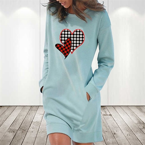 

Women's Hoodie Dress Winter Dress Light Blue Grey White Long Sleeve Heart Pocket Print Winter Fall Crew Neck Stylish Casual Fall Dress Loose Fit 2022 S M L XL 2XL / Cotton