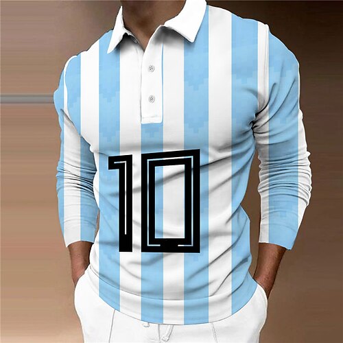 

Men's Collar Polo Shirt Golf Shirt World Cup 2022 Football Soccer Sports Turndown Blue 3D Print Street Sports Long Sleeve Button-Down Print Clothing Apparel Fashion Designer Casual Breathable