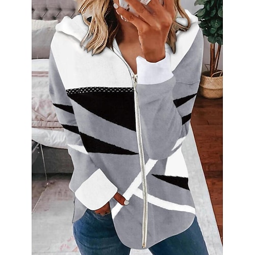 

Women's Zip Hoodie Sweatshirt Basic Zip Up Gray Geometric Color Block Street Hoodie Long Sleeve S M L XL XXL XXXL