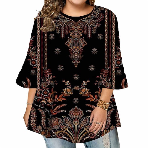 

Women's Plus Size Tops Blouse Shirt Floral Geometry Print 3/4 Length Sleeve Crewneck Casual Daily Holiday Cotton Spandex Jersey Fall Winter Yellow Wine