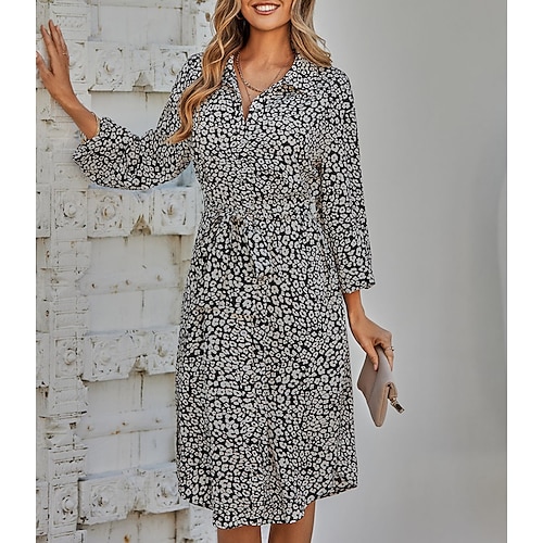 

Women's Casual Dress Shirt Dress Blue Orange Black Long Sleeve Print Lace up Print Winter Fall Shirt Collar Stylish Casual Fall Dress Loose Fit 2022 S M L XL / Winter Dress