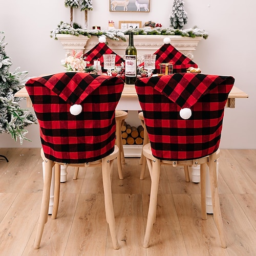 

Christmas Buffalo Plaid Chair Covers,Xmas Protective Santa Hat Dining Chair Back Slipcover Protector for Office Kitchen Home Festival Party Decoration Supplies