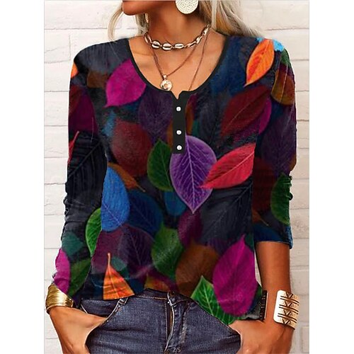 

T shirt Tee Femme Arc-en-ciel Floral Patchwork Imprimer manche longue Casual du quotidien basique Col Rond Normal Ample S