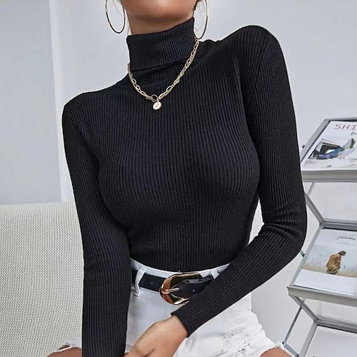 

Women's Pullover Sweater Jumper Turtleneck Ribbed Knit Knitted Thin Fall Winter Daily Basic Casual Long Sleeve Solid Color Black White