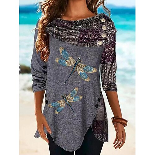 

Women's Shirt Gray Animal Button Print Long Sleeve Casual Streetwear Round Neck Regular S