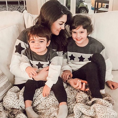 

Family Sweatshirt Cotton Star Casual Light Blue Gray Long Sleeve Daily Matching Outfits