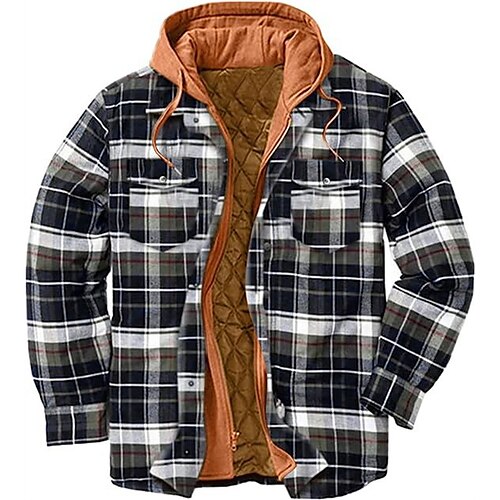 

Men's Puffer Jacket Winter Jacket Quilted Jacket Shirt Jacket Winter Coat Warm Casual Plaid / Check Outerwear Clothing Apparel Black Pink Yellow