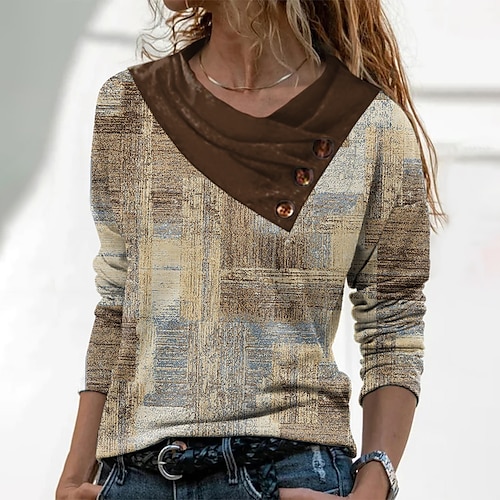 

Women's Blouse Shirt Yellow Graphic Button Print Long Sleeve Casual Weekend Basic V Neck Regular S