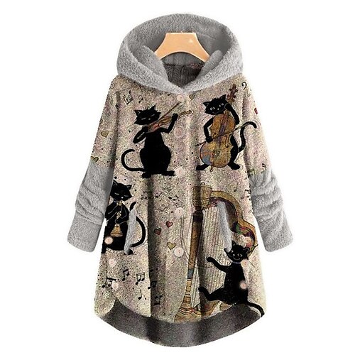 

Women's Plus Size Teddy Coat Winter Coat Animal Cat Causal Holiday Long Sleeve Hooded Regular Winter Fall Gray L XL XXL 3XL 4XL