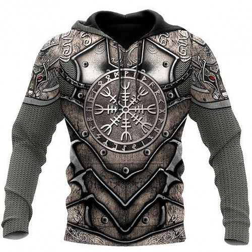 

Men's Hoodie Pullover Hoodie Sweatshirt Dark Gray Brown Coffee Gray Hooded Graphic Armor Viking Lace up Casual Daily Holiday 3D Print Sportswear Casual Big and Tall Spring & Fall Clothing Apparel