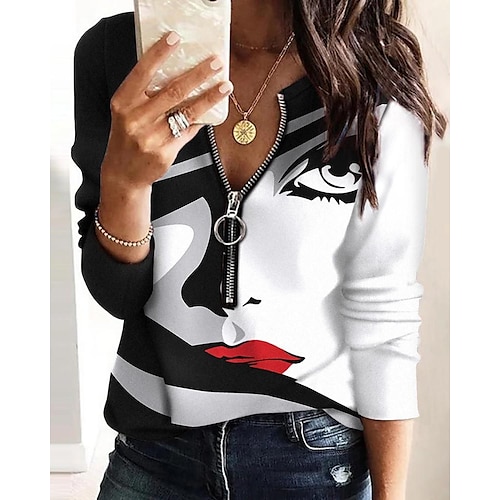 

Women's Shirt Blue Pink Gray Portrait Quarter Zip Print Long Sleeve Casual Streetwear V Neck Regular Portrait S