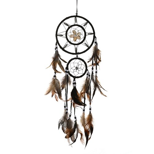 

Brown Dream Catcher Handmade Gift with Two-ring Brown Feather Wall Hanging Decor Art Wind Chimes Boho Style Car Hanging Home Pendant