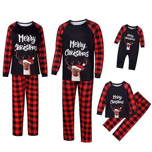 

Family Look Christmas Pajamas Plaid Letter Deer Home Black Long Sleeve Basic Matching Outfits