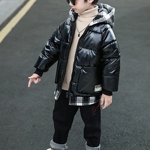 

Kids Boys Down Coat Outerwear Plaid Long Sleeve Coat Outdoor Cotton Cool Daily Silver Black Winter Fall 7-13 Years