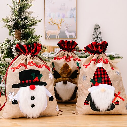 

New Christmas Decorative Gift Bags for the Elderly Snowman Deer Linen Plaid Gift Bags Festive Atmosphere Decoration Supplies