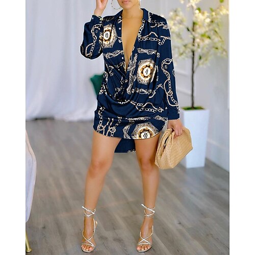 

Women's Shirt Green Blue khaki Portrait Chains Print Print Long Sleeve Casual Holiday Streetwear V Neck Long Portrait S