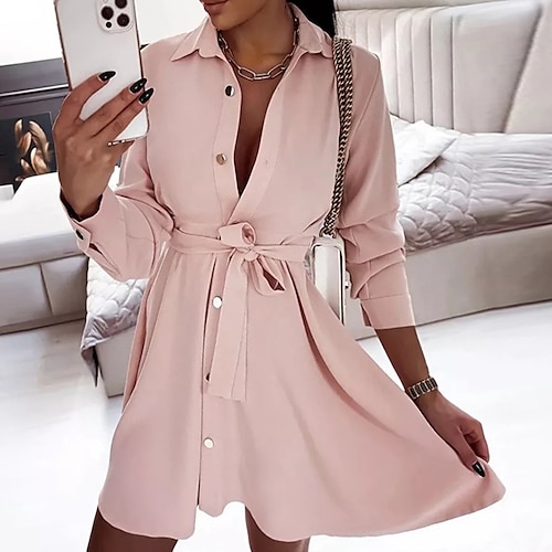 

Femme Robe chemise manche longue Hiver Automne - Moderne Lacet Bouton Couleur monochrome Fin de semaine 2022 Rose Claire S M L XL