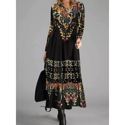 

Women's Shift Dress Long Dress Maxi Dress Black Long Sleeve Print Ruched Print Winter Fall Crew Neck Stylish Modern Fall Dress 2022 S M L XL XXL 3XL / Winter Dress