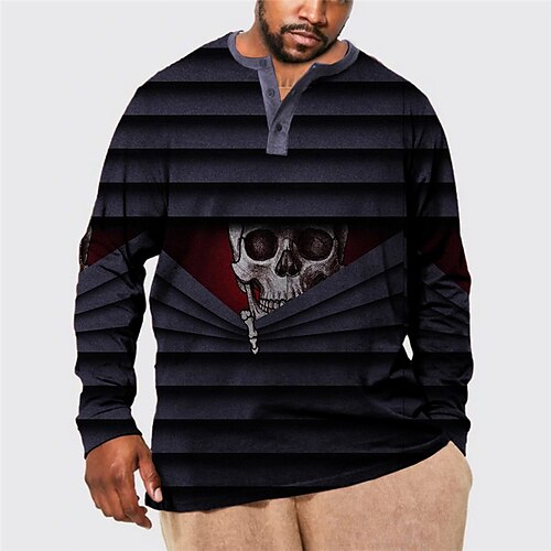 

Men's Plus Size Pullover Sweatshirt Big and Tall Graphic Henley Long Sleeve Spring & Fall Basic Fashion Streetwear Comfortable Casual Sports Tops / Skull