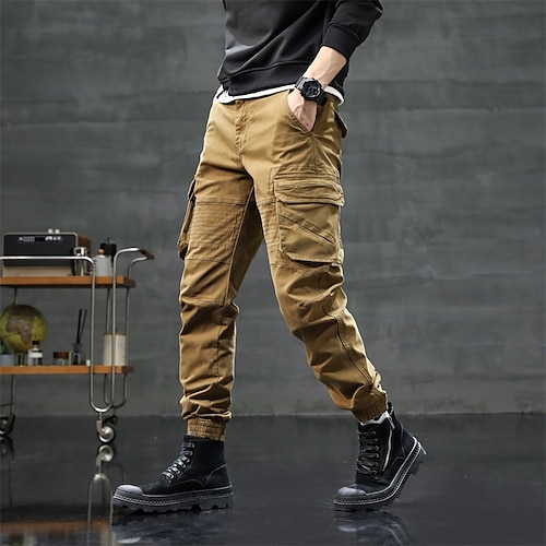 

Men's Cargo Pants Trousers Multi Pocket Elastic Cuff Solid Color Casual Daily Going out Sports Stylish ArmyGreen Camel Micro-elastic