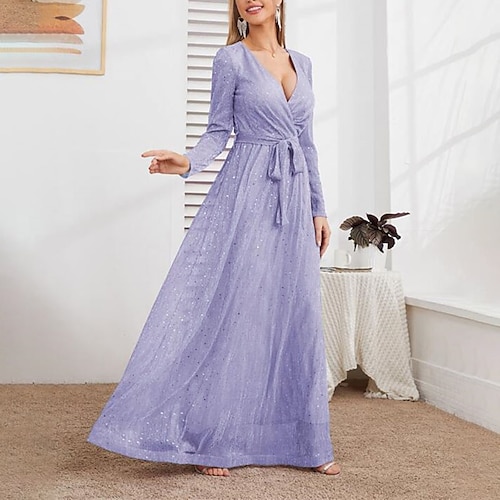 

robe de soirée pour femme robe à sequins robe swing robe longue maxi robe rose vin violet à manches longues couleur pure à lacets hiver automne automne col en v partie robe de soirée d'hiver robe